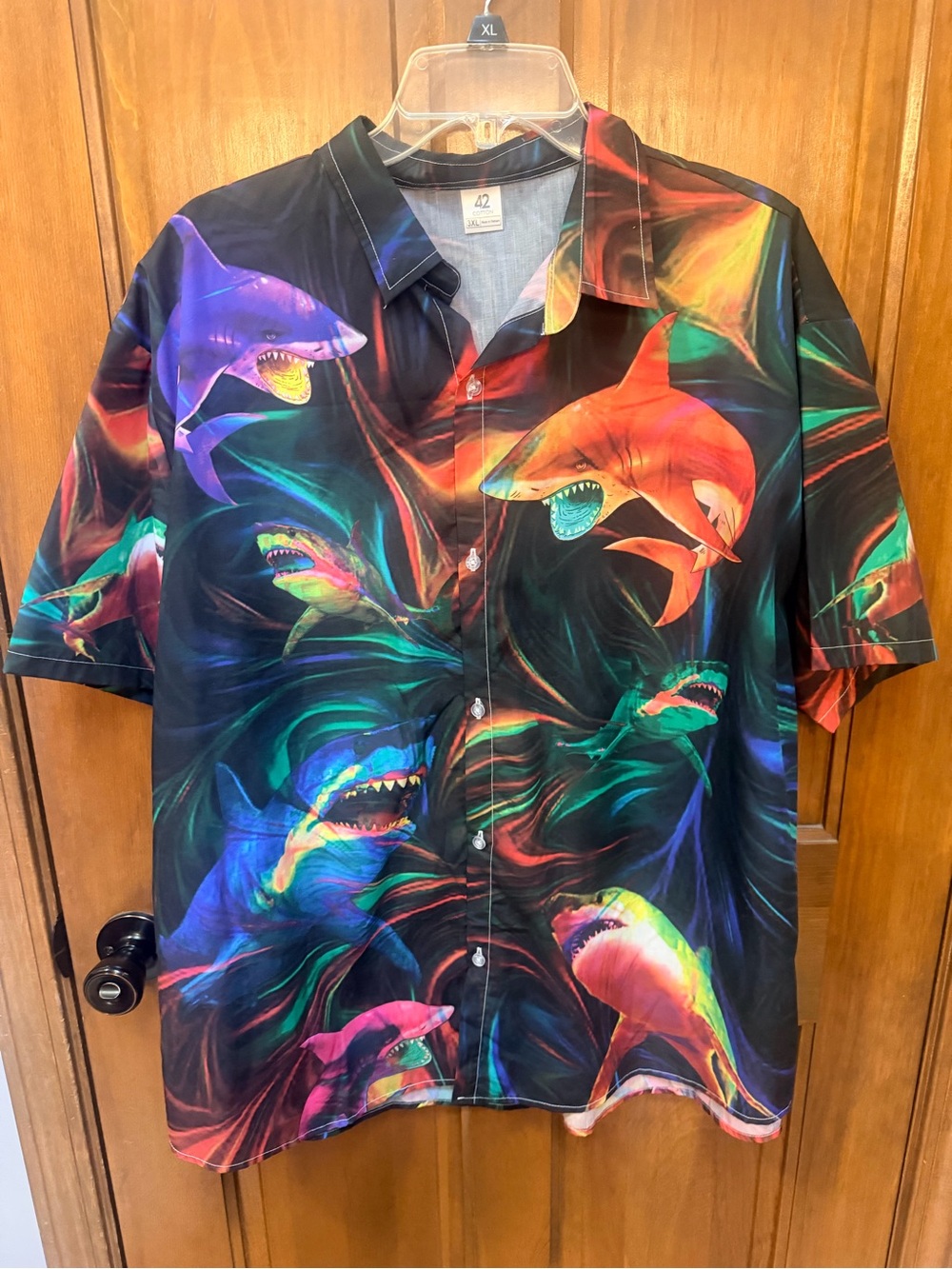 Vibrant Multicolor Shark Print Button-Up Shirt NWOT